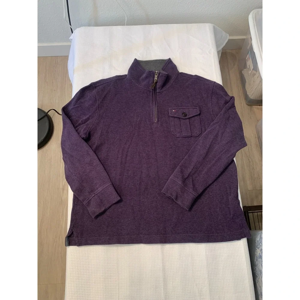 (E-191)Tommy Hilfiger Men's Pullover Sweater Large Purple 1/4 Zip‎ Cotton Casual